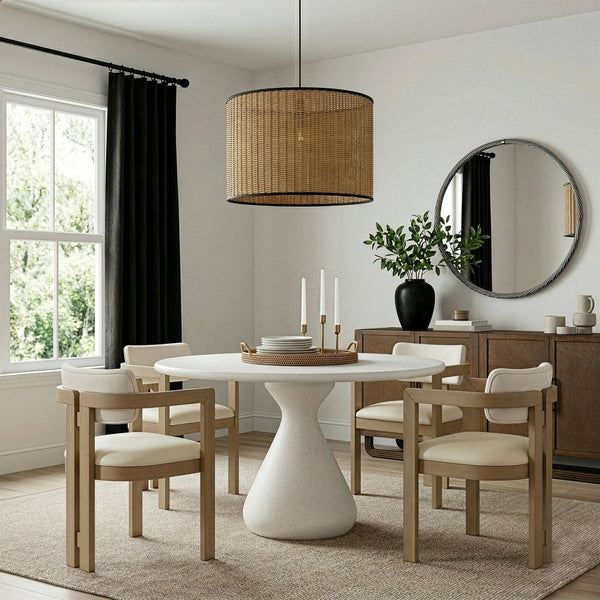 Meridian Furniture Sano Round Concrete Pedestal Dining Table Art Deco Sculptural Base Indoor Outdoor Use Cream 48 inches 77041Cream-DT48