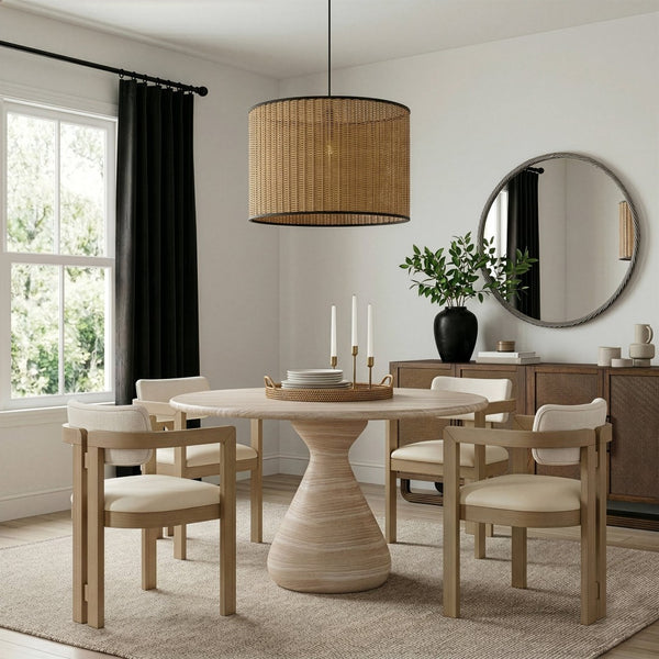 Meridian Furniture Sano Round Concrete Pedestal Dining Table Art Deco Sculptural Base Indoor Outdoor Use Travertine 48 inches 77041Travertine-DT48