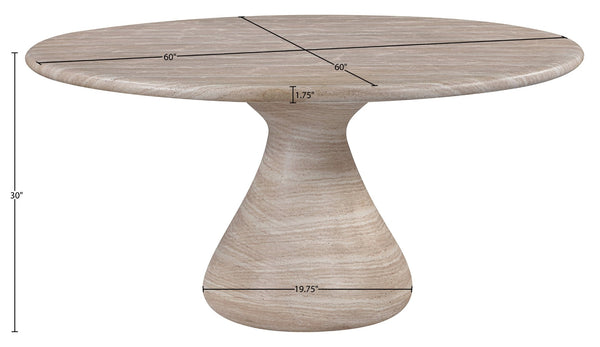 Meridian Furniture Sano Round Concrete Pedestal Dining Table Art Deco Sculptural Base Indoor Outdoor Use Travertine 60 inches 77041Travertine-DT60