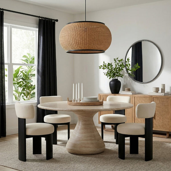 Meridian Furniture Sano Round Concrete Pedestal Dining Table Art Deco Sculptural Base Indoor Outdoor Use Travertine 60 inches 77041Travertine-DT60