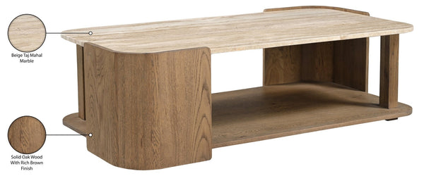 Meridian Furniture Calabria Solid Oak and Genuine Marble Low Profile Coffee Table for Modern Living Room Decor Beige / Brown 77045Brown-CT