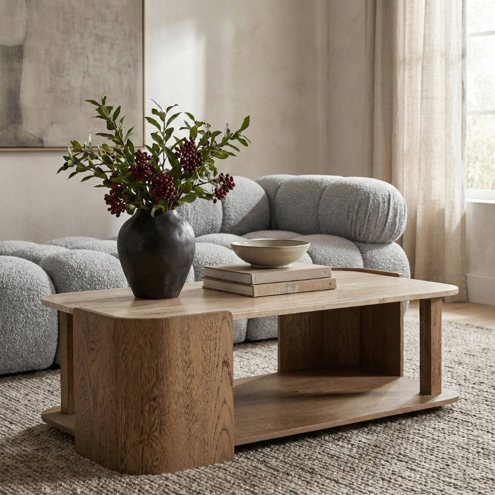 Meridian Furniture Calabria Solid Oak and Genuine Marble Low Profile Coffee Table for Modern Living Room Decor Beige / Brown 77045Brown-CT