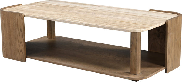 Meridian Furniture Calabria Solid Oak and Genuine Marble Low Profile Coffee Table for Modern Living Room Decor Beige / Brown 77045Brown-CT