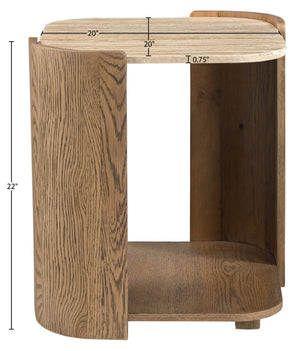 Meridian Furniture Calabria Genuine Taj Mahal Marble and Solid Oak End Table for Modern Living Rooms Beige / Brown 77045Brown-ET