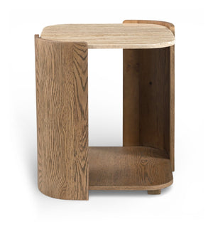 Meridian Furniture Calabria Genuine Taj Mahal Marble and Solid Oak End Table for Modern Living Rooms Beige / Brown 77045Brown-ET