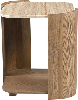 Meridian Furniture Calabria Genuine Taj Mahal Marble and Solid Oak End Table for Modern Living Rooms Beige / Brown 77045Brown-ET