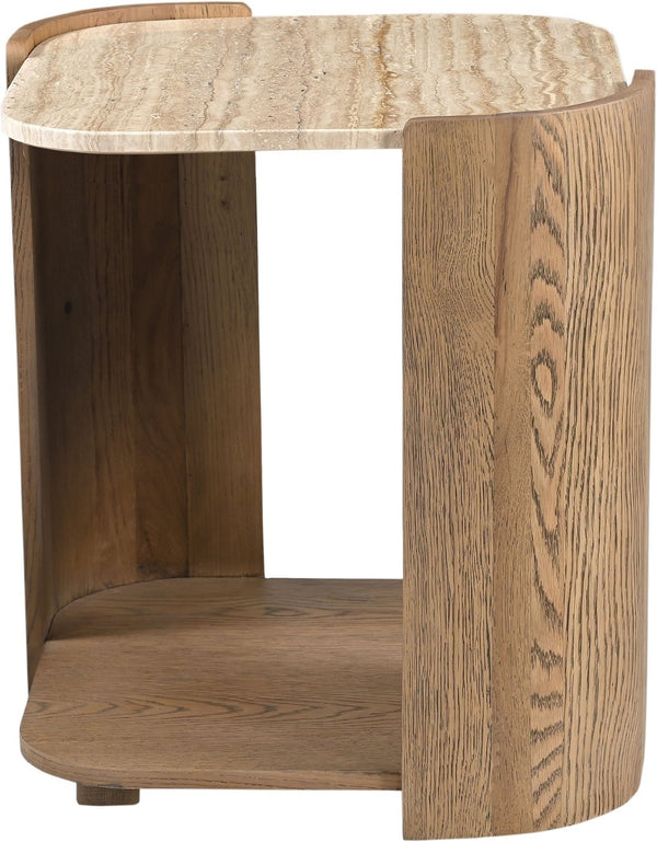 Meridian Furniture Calabria Genuine Taj Mahal Marble and Solid Oak End Table for Modern Living Rooms Beige / Brown 77045Brown-ET