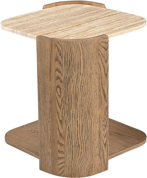 Meridian Furniture Calabria Genuine Taj Mahal Marble and Solid Oak End Table for Modern Living Rooms Beige / Brown 77045Brown-ET