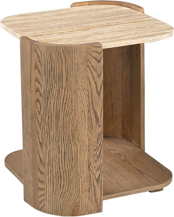 Meridian Furniture Calabria Genuine Taj Mahal Marble and Solid Oak End Table for Modern Living Rooms Beige / Brown 77045Brown-ET