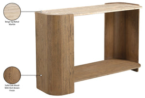 Meridian Furniture Calabria Genuine Marble and Solid Oak Console Table with Natural Veining for Modern Interiors Beige / Brown 77045Brown-ST