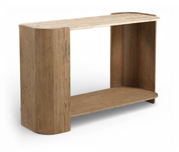 Meridian Furniture Calabria Genuine Marble and Solid Oak Console Table with Natural Veining for Modern Interiors Beige / Brown 77045Brown-ST