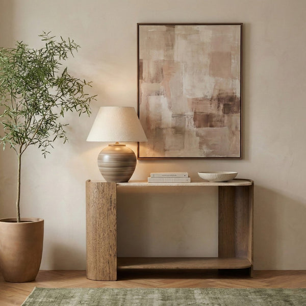 Meridian Furniture Calabria Genuine Marble and Solid Oak Console Table with Natural Veining for Modern Interiors Beige / Brown 77045Brown-ST