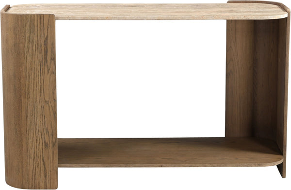 Meridian Furniture Calabria Genuine Marble and Solid Oak Console Table with Natural Veining for Modern Interiors Beige / Brown 77045Brown-ST