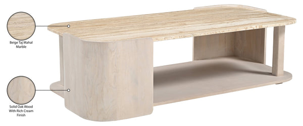 Meridian Furniture Calabria Solid Oak and Genuine Marble Low Profile Coffee Table for Modern Living Room Decor Beige / Cream 77045Cream-CT