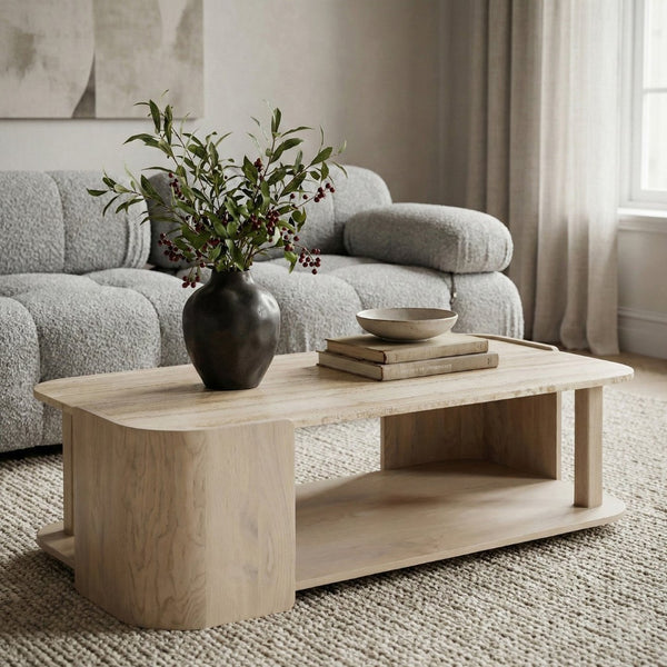 Meridian Furniture Calabria Solid Oak and Genuine Marble Low Profile Coffee Table for Modern Living Room Decor Beige / Cream 77045Cream-CT