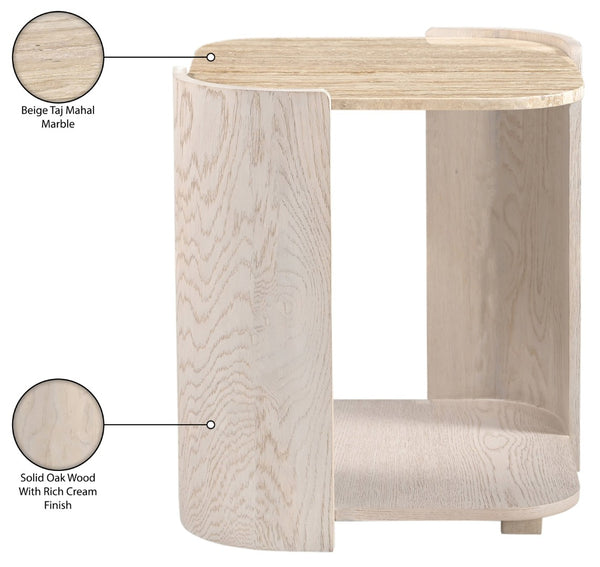 Meridian Furniture Calabria Genuine Taj Mahal Marble and Solid Oak End Table for Modern Living Rooms Beige / Cream 77045Cream-ET