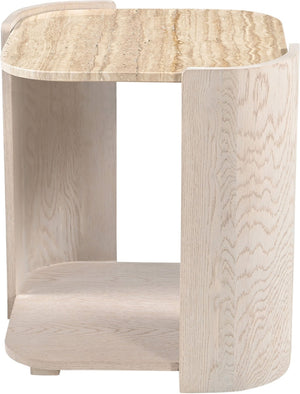 Meridian Furniture Calabria Genuine Taj Mahal Marble and Solid Oak End Table for Modern Living Rooms Beige / Cream 77045Cream-ET
