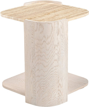 Meridian Furniture Calabria Genuine Taj Mahal Marble and Solid Oak End Table for Modern Living Rooms Beige / Cream 77045Cream-ET