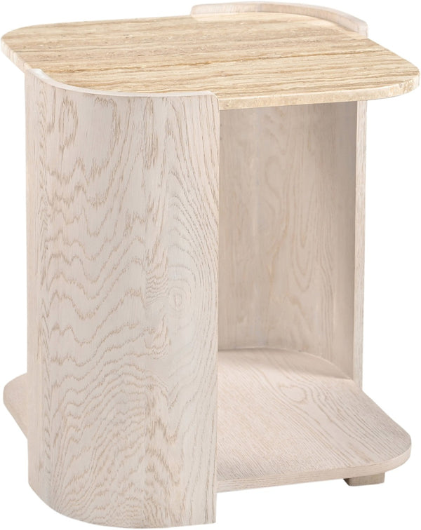 Meridian Furniture Calabria Genuine Taj Mahal Marble and Solid Oak End Table for Modern Living Rooms Beige / Cream 77045Cream-ET