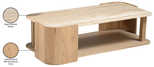 Meridian Furniture Calabria Solid Oak and Genuine Marble Low Profile Coffee Table for Modern Living Room Decor Beige / Natural 77045Natural-CT