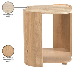 Meridian Furniture Calabria Genuine Taj Mahal Marble and Solid Oak End Table for Modern Living Rooms Beige / Natural 77045Natural-ET