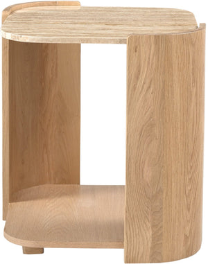 Meridian Furniture Calabria Genuine Taj Mahal Marble and Solid Oak End Table for Modern Living Rooms Beige / Natural 77045Natural-ET