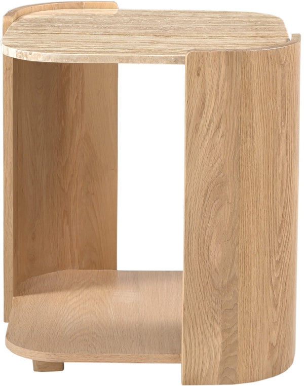 Meridian Furniture Calabria Genuine Taj Mahal Marble and Solid Oak End Table for Modern Living Rooms Beige / Natural 77045Natural-ET