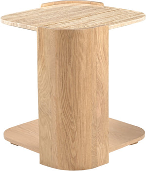 Meridian Furniture Calabria Genuine Taj Mahal Marble and Solid Oak End Table for Modern Living Rooms Beige / Natural 77045Natural-ET