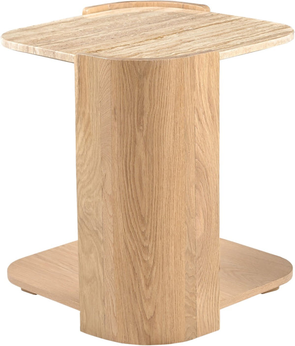 Meridian Furniture Calabria Genuine Taj Mahal Marble and Solid Oak End Table for Modern Living Rooms Beige / Natural 77045Natural-ET
