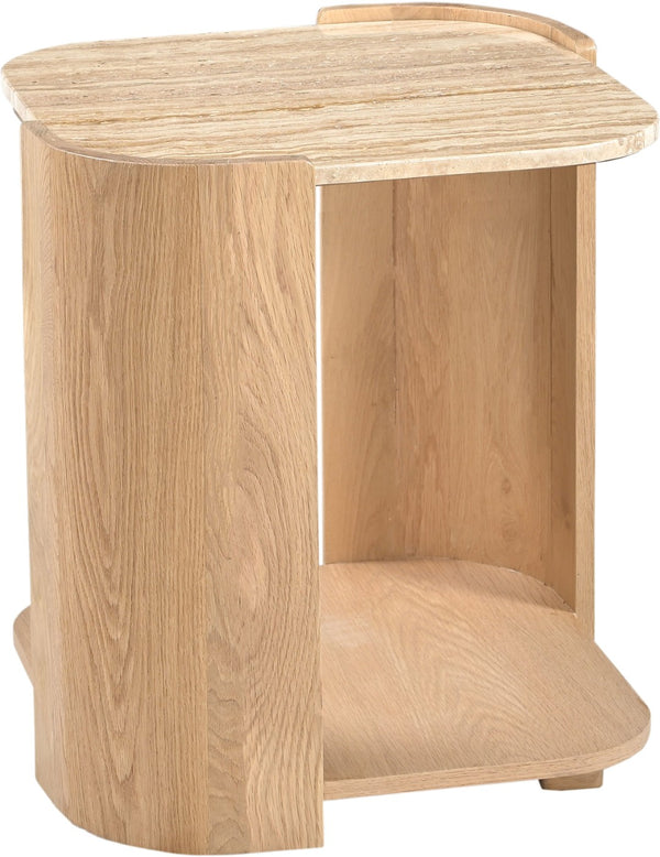 Meridian Furniture Calabria Genuine Taj Mahal Marble and Solid Oak End Table for Modern Living Rooms Beige / Natural 77045Natural-ET