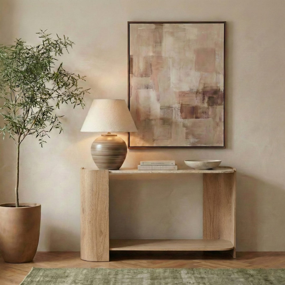 Meridian Furniture Calabria Genuine Marble and Solid Oak Console Table with Natural Veining for Modern Interiors Beige / Natural 77045Natural-ST