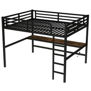 English Elm Metal Queen Loft Bed With Integrated Desk, Power Outlet & Led Lights - Space-Saving Black Design W1580S00107