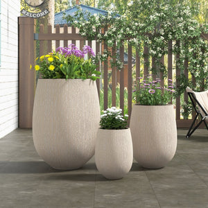 English Elm U_style Egg Shaped Mgo Stone Look Planters Set of 3 Sculptural Pots for Patio Garden N711P406659A