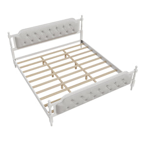 English Elm Traditional Solid Wood Bed Frame with Tufted Upholstered Headboard, No Box Spring Needed, Sturdy 400 lb Capacity Antique White 83.5 L x 22.25 W x 10.4 H N701P242572K