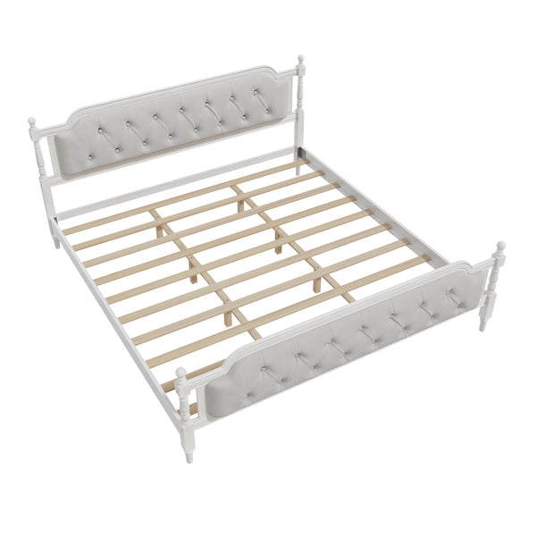 English Elm Traditional Solid Wood Bed Frame with Tufted Upholstered Headboard, No Box Spring Needed, Sturdy 400 lb Capacity Antique White 83.5 L x 22.25 W x 10.4 H N701P242572K