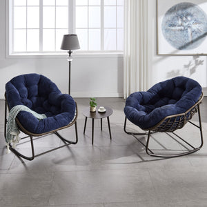 English Elm Outdoor Rattan Rocking Chair Oversized Hand-Woven Patio Egg Recliner with Plush Cushion Comfortably Rocking Navy Blue W640P271520