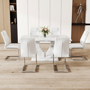 English Elm Table And Chair Set - Modern Marble Pattern Mdf Dining Set With 6 White Pu Chairs For Elegance W1151S02182-GIGA