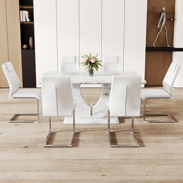 English Elm Table And Chair Set - Modern Marble Pattern Mdf Dining Set With 6 White Pu Chairs For Elegance W1151S02182-GIGA