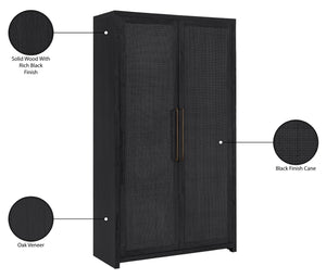 Meridian Furniture Vana Art Deco Tall Cabinet with Cane Front Doors Oak Veneer and Adjustable Interior Shelves Black 77050Black