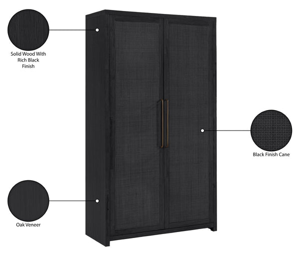 Meridian Furniture Vana Art Deco Tall Cabinet with Cane Front Doors Oak Veneer and Adjustable Interior Shelves Black 77050Black