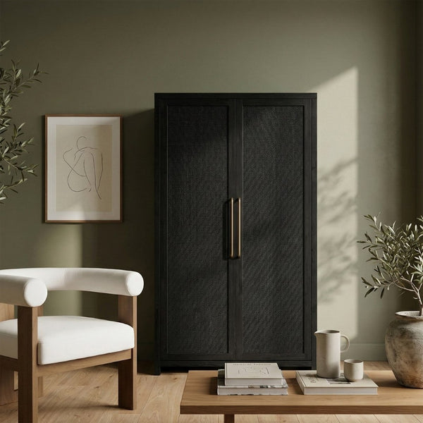 Meridian Furniture Vana Art Deco Tall Cabinet with Cane Front Doors Oak Veneer and Adjustable Interior Shelves Black 77050Black