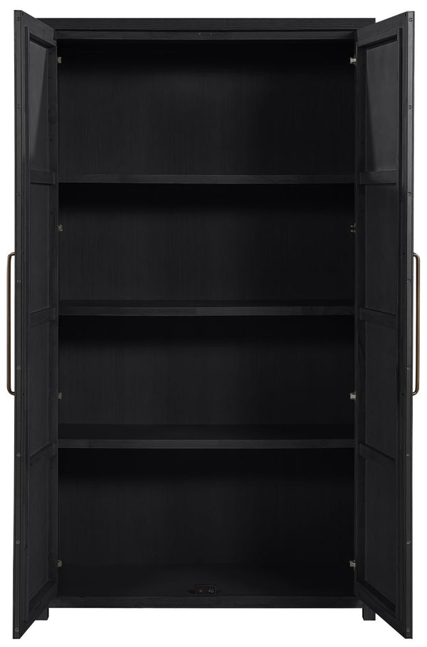 Meridian Furniture Vana Art Deco Tall Cabinet with Cane Front Doors Oak Veneer and Adjustable Interior Shelves Black 77050Black