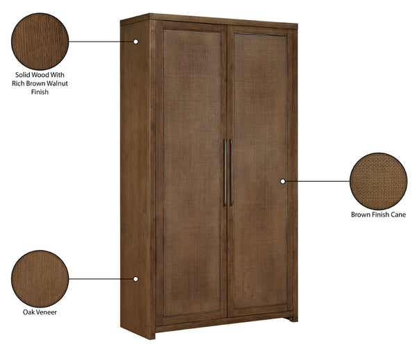 Meridian Furniture Vana Art Deco Tall Cabinet with Cane Front Doors Oak Veneer and Adjustable Interior Shelves Brown 77050Brown