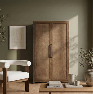 Meridian Furniture Vana Art Deco Tall Cabinet with Cane Front Doors Oak Veneer and Adjustable Interior Shelves Brown 77050Brown