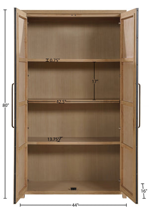 Meridian Furniture Vana Art Deco Tall Cabinet with Cane Front Doors Oak Veneer and Adjustable Interior Shelves Natural 77050Natural