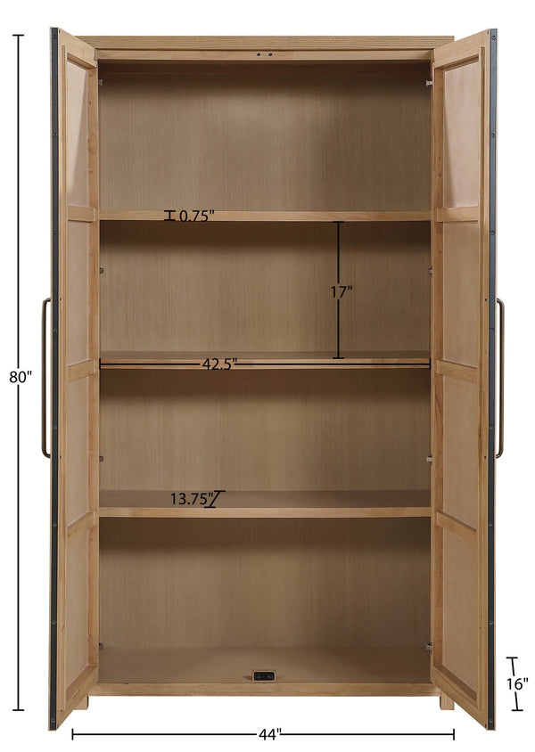 Meridian Furniture Vana Art Deco Tall Cabinet with Cane Front Doors Oak Veneer and Adjustable Interior Shelves Natural 77050Natural