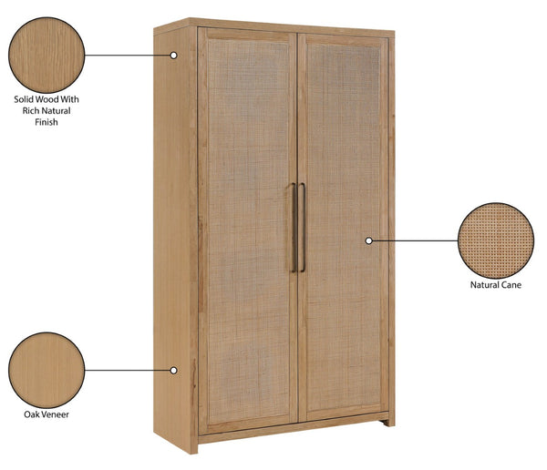 Meridian Furniture Vana Art Deco Tall Cabinet with Cane Front Doors Oak Veneer and Adjustable Interior Shelves Natural 77050Natural
