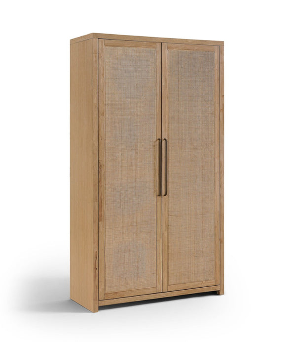 Meridian Furniture Vana Art Deco Tall Cabinet with Cane Front Doors Oak Veneer and Adjustable Interior Shelves Natural 77050Natural