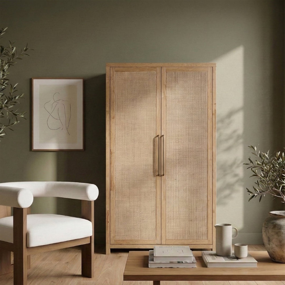 Meridian Furniture Vana Art Deco Tall Cabinet with Cane Front Doors Oak Veneer and Adjustable Interior Shelves Natural 77050Natural