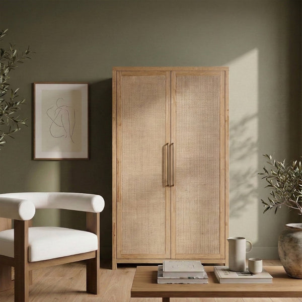 Meridian Furniture Vana Art Deco Tall Cabinet with Cane Front Doors Oak Veneer and Adjustable Interior Shelves Natural 77050Natural